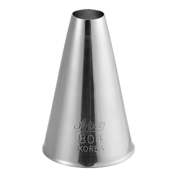 A close-up of a silver cone shaped Ateco 804 piping tip.