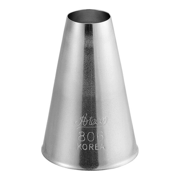 A silver metal cone with the number 806 on it.