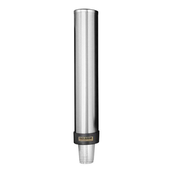 A San Jamar stainless steel wall mount cup dispenser.