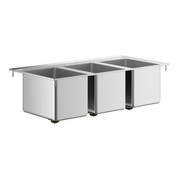 A stainless steel sink with three separate rectangular compartments and a flat rim for drop-in installation.