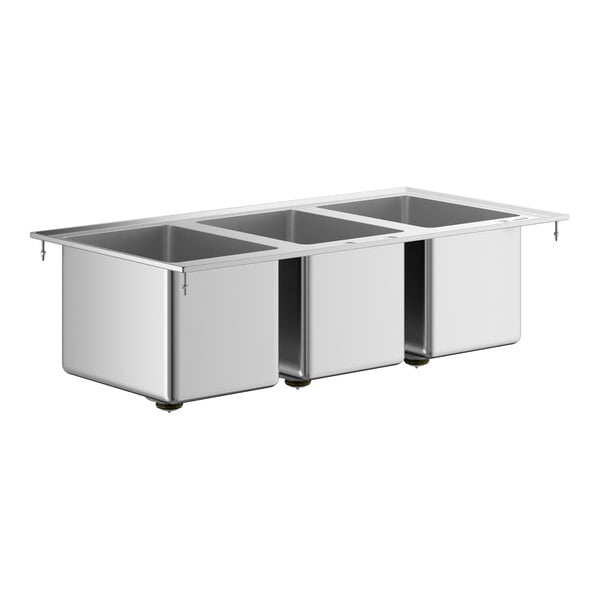 A stainless steel three-compartment drop-in sink with rectangular basins and a flat rim.