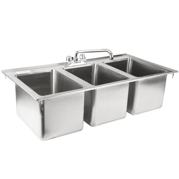 Regency 10 X 14 X 10 16 Gauge Stainless Steel Three Compartment Drop In Sink With 10 Faucet