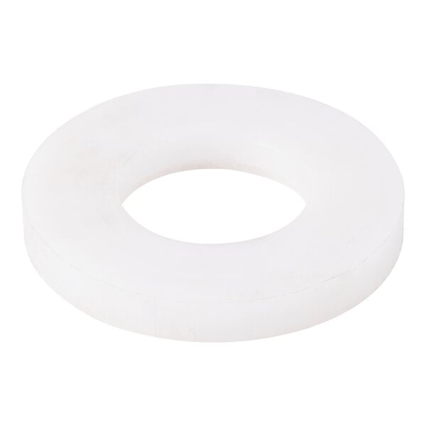 A white nylon washer with a hole in the center.