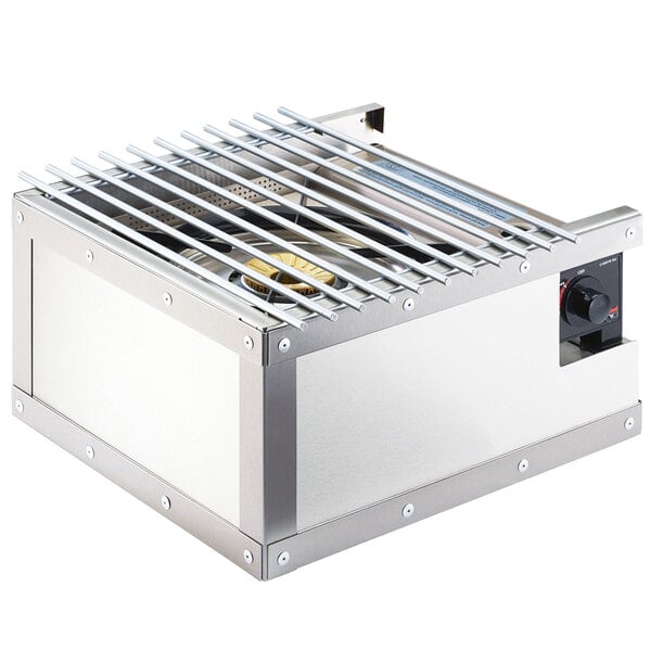 A silver rectangular stainless steel box with a metal grate inside.