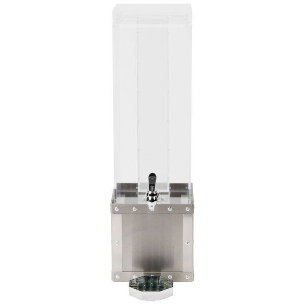 A stainless steel Cal-Mil beverage dispenser with a clear plastic cover.