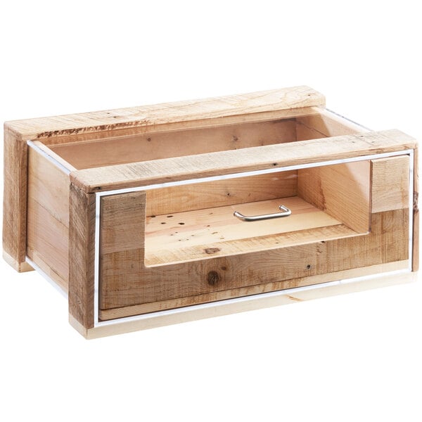 A wooden pastry drawer with a glass top and a handle.