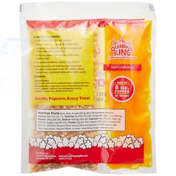 A white bag of Carnival King popcorn with a red and yellow label.