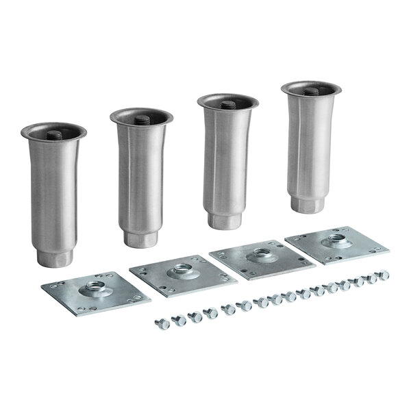 A set of four silver Beverage-Air adjustable legs with nuts.