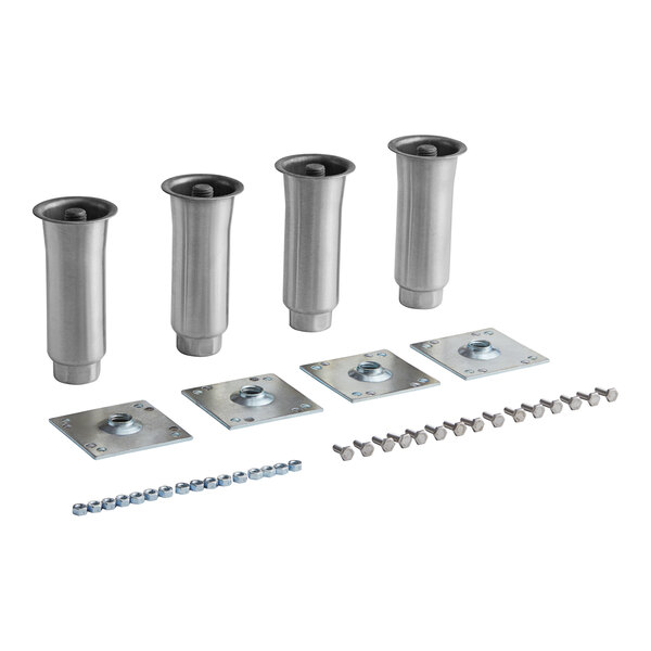 A set of four silver metal adjustable legs for a Beverage-Air bottle cooler.