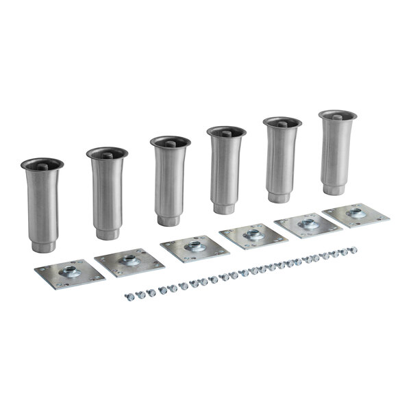 A set of six silver Beverage-Air adjustable legs with screws.