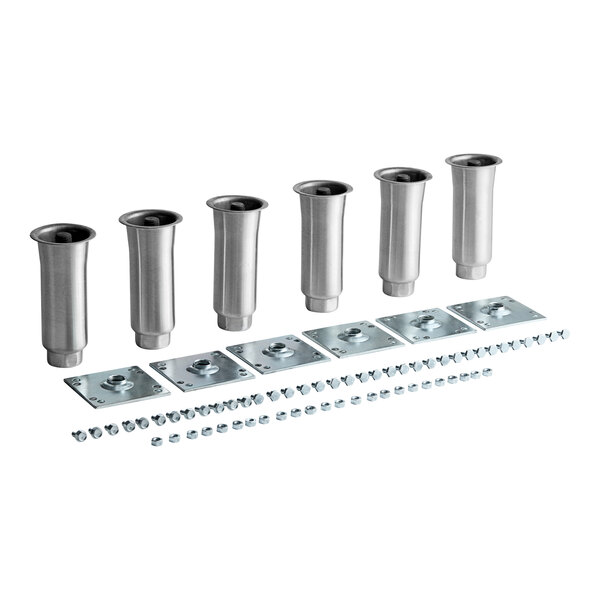 A set of six Beverage-Air stainless steel adjustable legs with screws.