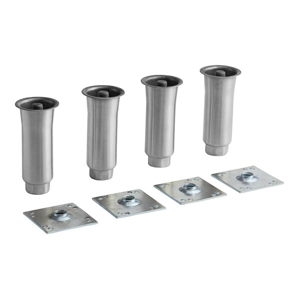 A group of Beverage-Air metal adjustable legs with screws.