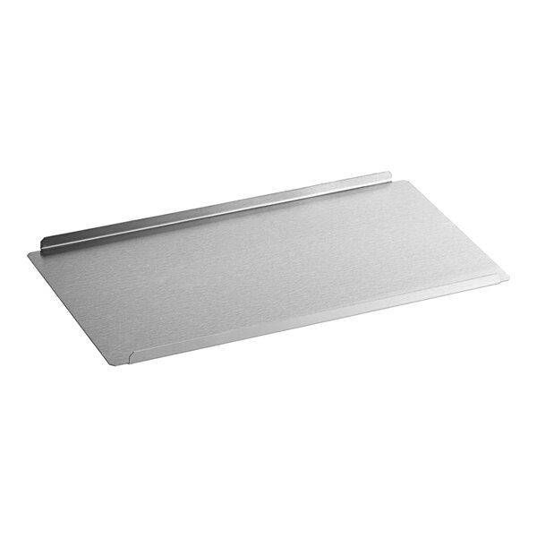 A silver rectangular metal plate with a long thin strip.