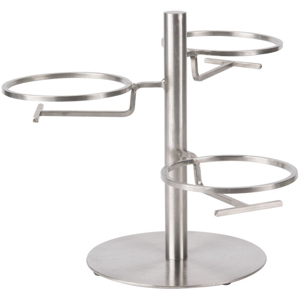 A stainless steel tiered display stand with three round notched jar holders.