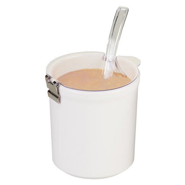 A white round container with a notched lid.