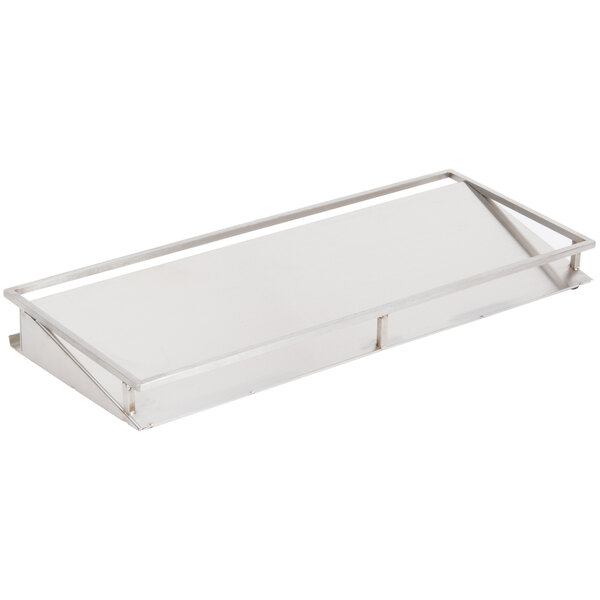 A silver stainless steel rectangular tray with notched lids and white rectangular jars on a metal frame.
