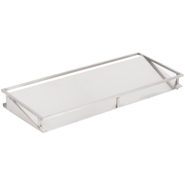 A silver stainless steel rectangular display tray with notched lids and cooling pucks.