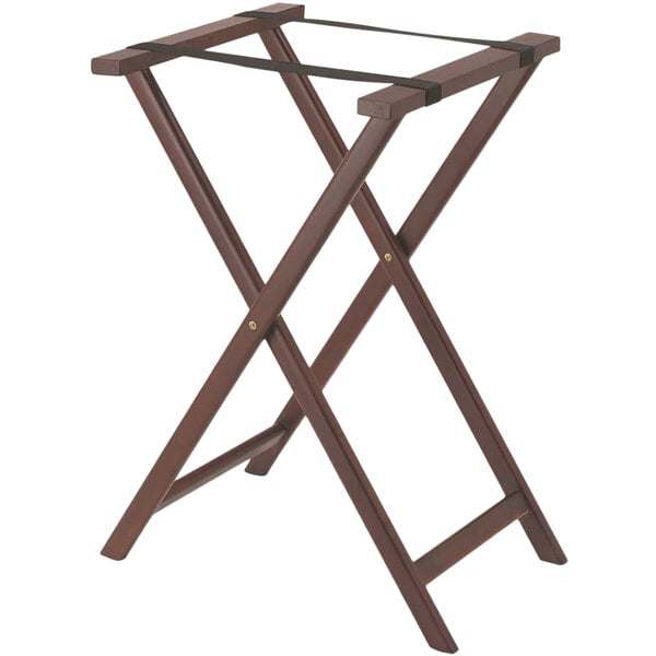 a brown folding table with a black strap