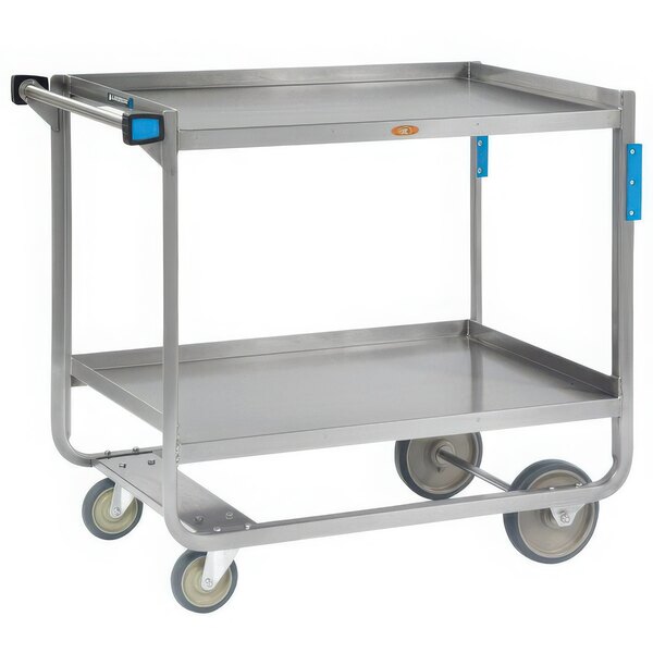 A Lakeside stainless steel utility cart with two shelves and wheels.