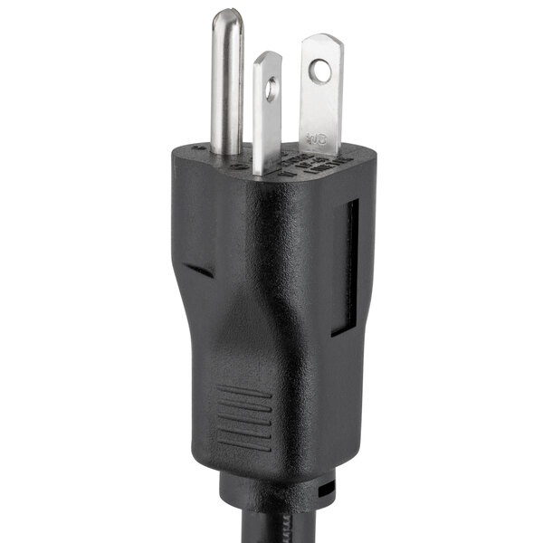 A black power cord with two metal plugs.