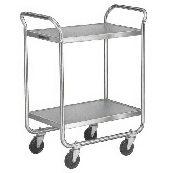 A stainless steel Lakeside utility cart with two shelves and black wheels.