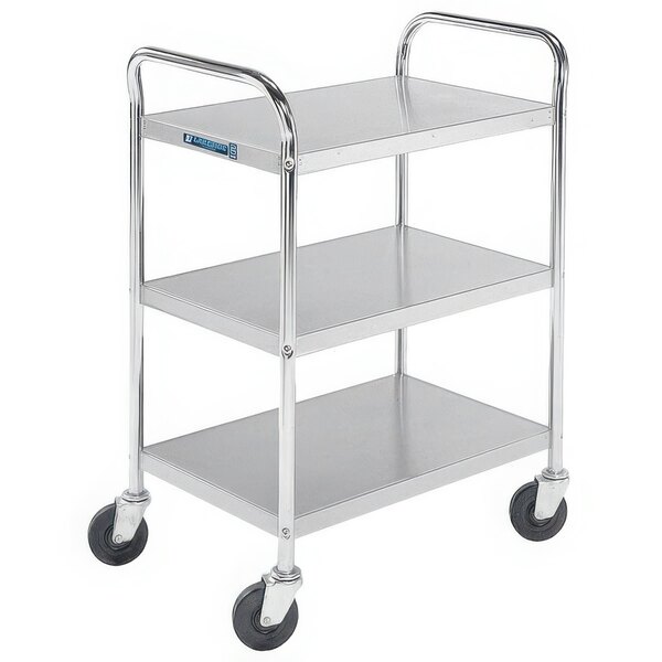 A silver Lakeside utility cart with three shelves and black wheels.