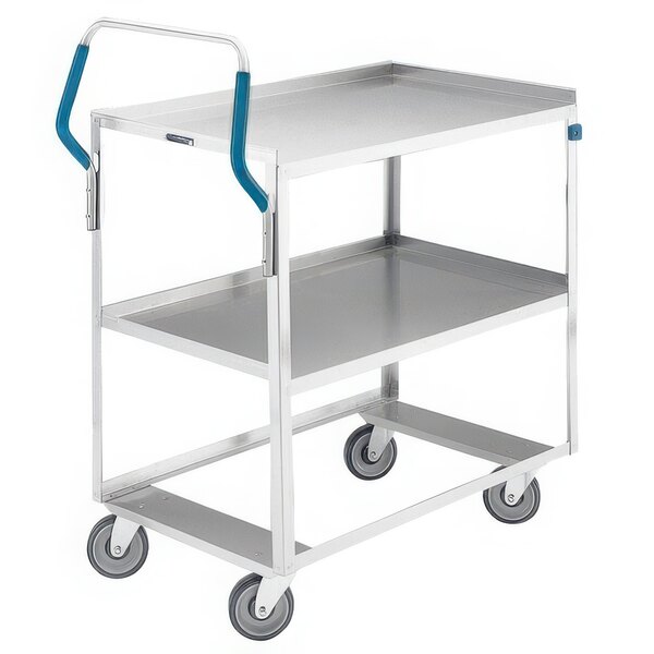 A silver Lakeside stainless steel utility cart with blue handles.