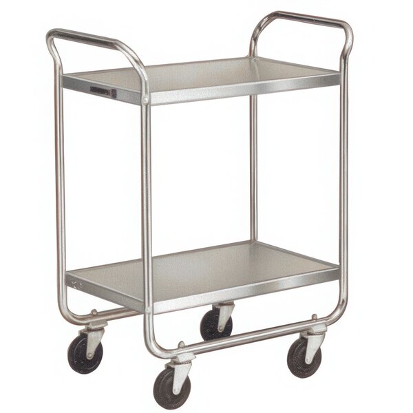 A silver Lakeside stainless steel utility cart with two shelves and black wheels.