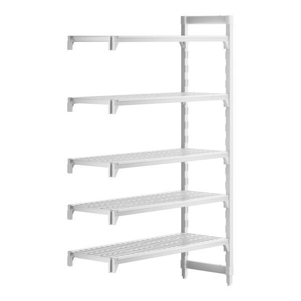 A white plastic Cambro Camshelving Premium Add On Unit with four shelves.