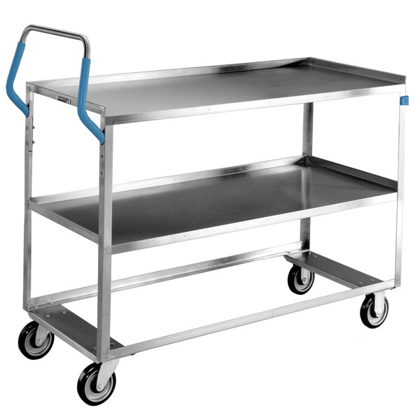 A Lakeside stainless steel utility cart with two shelves and blue handles.