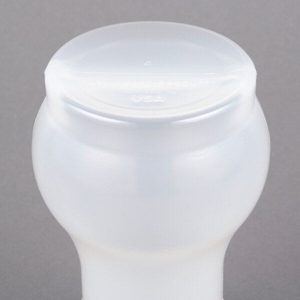 A Tablecraft polypropylene syrup dispenser jar with a lid.