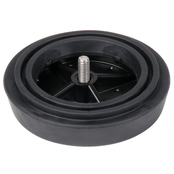 A black plastic wheel with a screw and a black wheel with a screw.