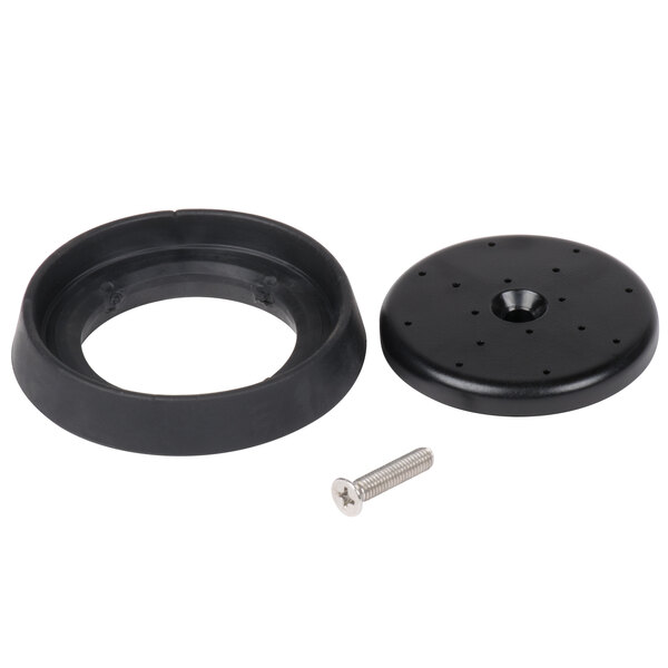 A black circular rubber ring with a screw.