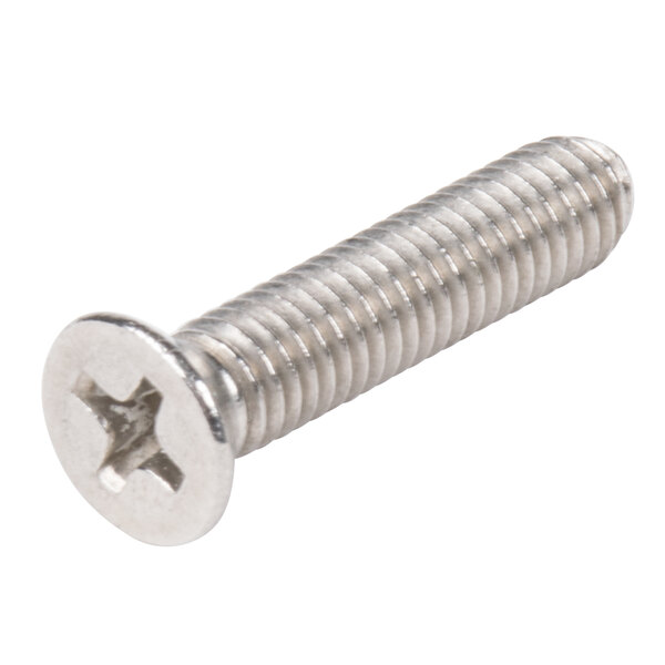A close-up of a screw with a flat head.
