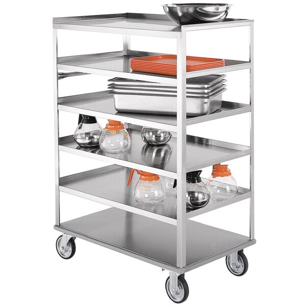 A Lakeside stainless steel utility cart with trays and containers on it.