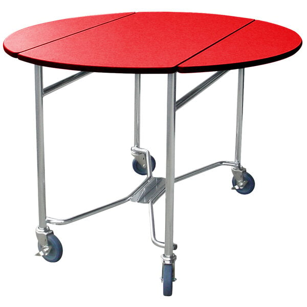 A round red Lakeside room service table with metal legs and wheels.