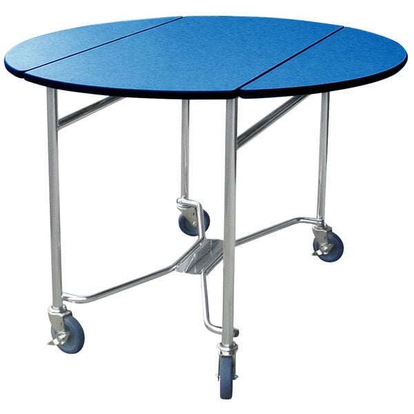 A Lakeside round mobile room service table with a blue surface and wheels.