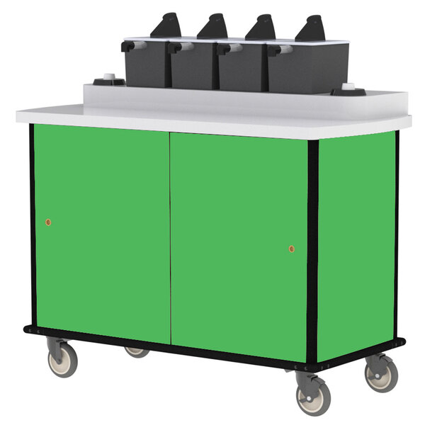 A green Lakeside condiment cart with black cup dispensers on top and wheels.