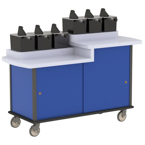 A blue Lakeside Condi-Express cart with black drawers.