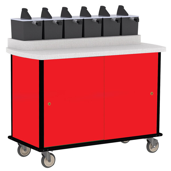 A red Lakeside condiment cart with black bins on top.