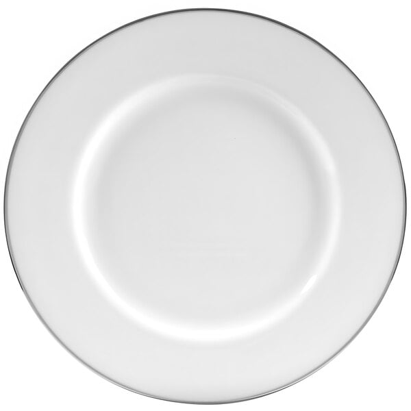 A white porcelain plate with a silver rim.