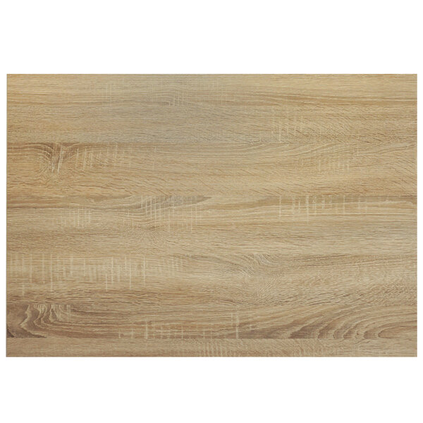 A BFM Seating Sawmill Oak wood grained rectangular tabletop.