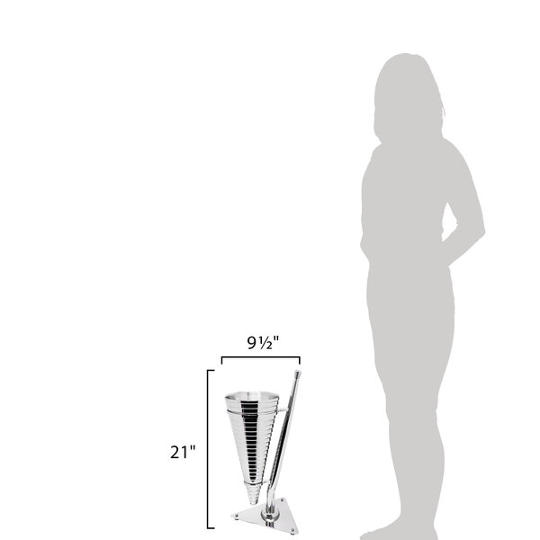 A woman standing next to a stainless steel double wall point-shaped wine bucket on a table stand.