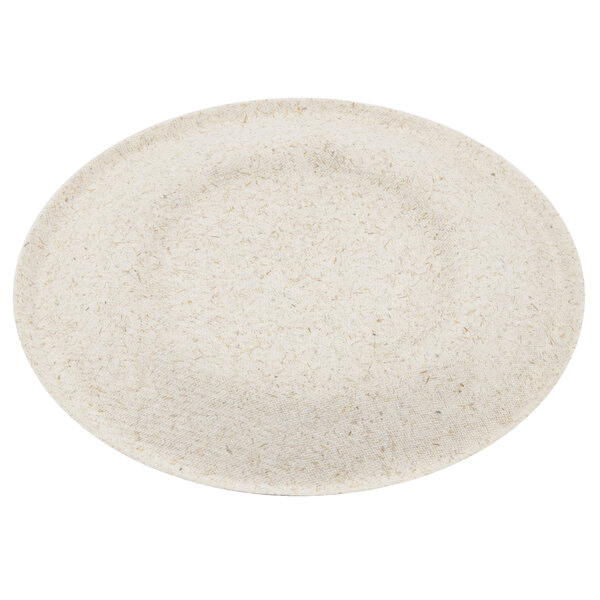 A white round Green Wave Ovation Sugarcane plate with a beige border.
