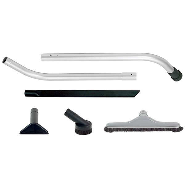 A ProTeam hard floor attachment kit including a broom, brush, and hose.