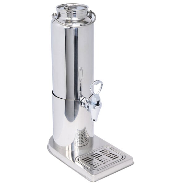 An Eastern Tabletop stainless steel milk dispenser with a central ice chamber on a metal stand.