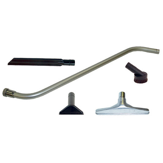 A group of metal tools including a pipe, a pipe with a brush, and a pipe with a nozzle.