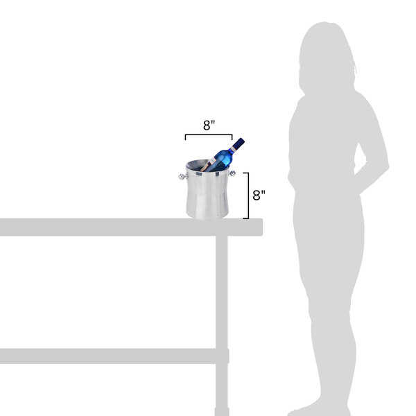 A person standing next to a silver Eastern Tabletop wine bucket.