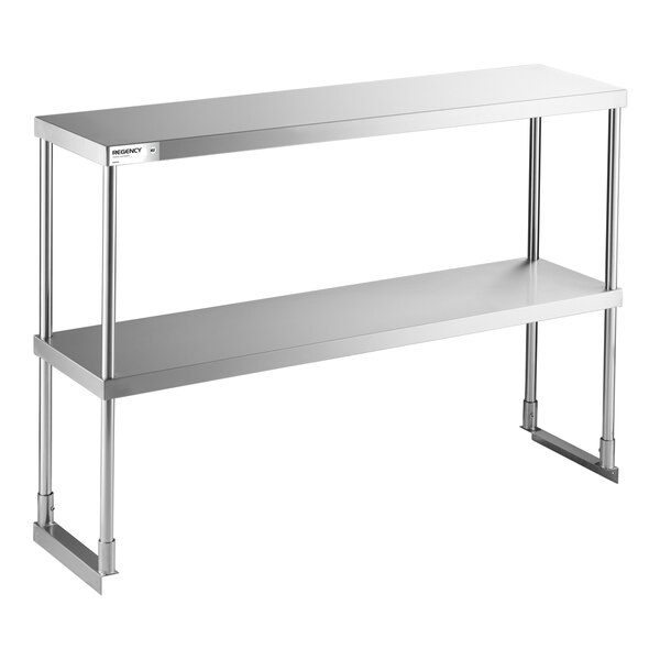 A two-tier stainless steel overshelf with four vertical supports and a rectangular design.