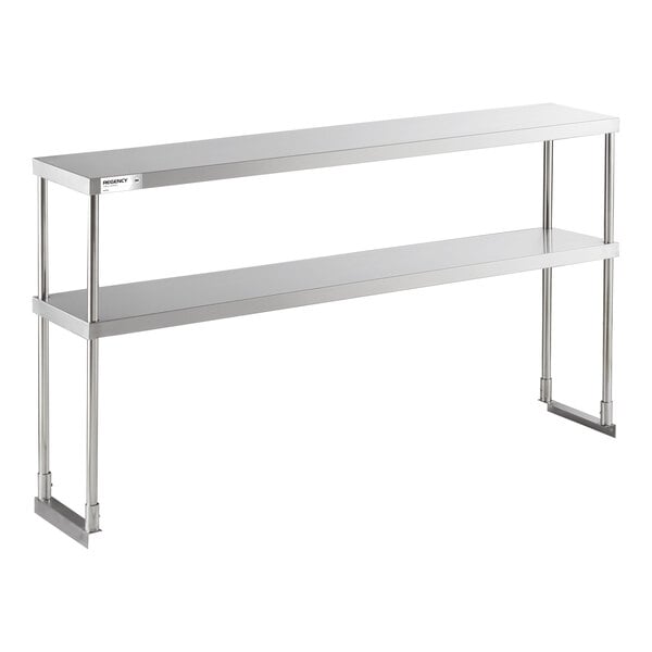 A two-tier stainless steel overshelf with four vertical supports and a rectangular design.